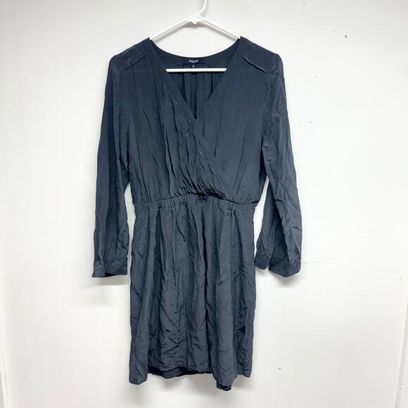 MADEWELL Women Navy Blue Long Sleeve Silk Faux Wrap Mini Dress Size Small - Picture 2 of 4